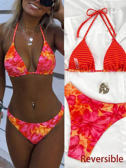 Swim Vcay Women's Tropical Floral Halter Neck Backless Sexy Bikini Set For Beach Vacation For Summer Rave Lollapalooza