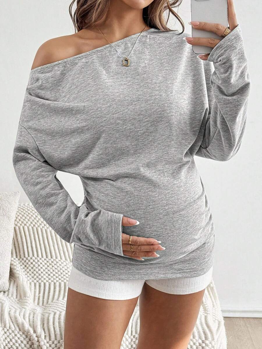 Women's Grey Asymmetrical Neck Long Sleeve Maternity Pullover - Loose Fit Pleated Fall Sweatshirt - Soft Knitted Maternity Top