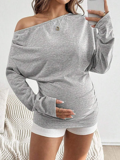 Maternity Pleated Pullover - Asymmetrical Neck, Drop Shoulder, Three Quarter Sleeve, Black