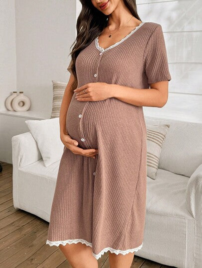 Women Lace Patchwork V Neck Nursing Nightgown Short Sleeve Knitted Button Front Sleepwear