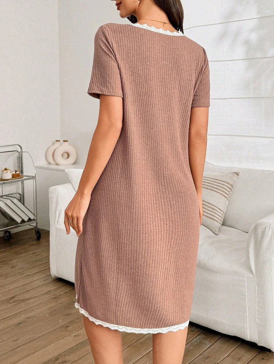 Women Lace Patchwork V Neck Nursing Nightgown Short Sleeve Knitted Button Front Sleepwear