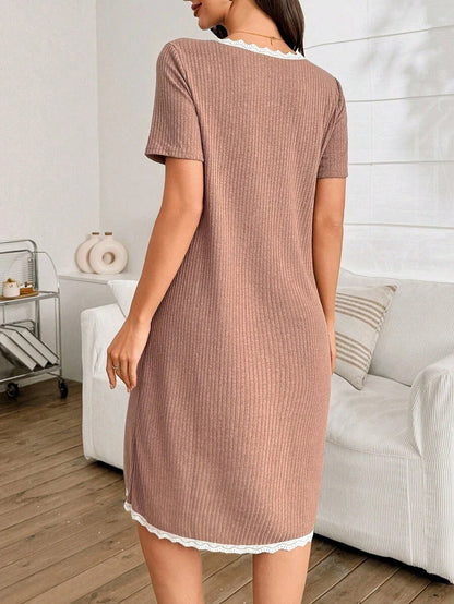 Women Lace Patchwork V Neck Nursing Nightgown Short Sleeve Knitted Button Front Sleepwear
