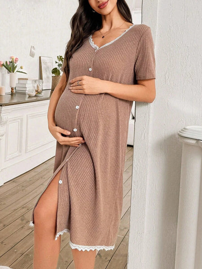 Women Lace Patchwork V Neck Nursing Nightgown Short Sleeve Knitted Button Front Sleepwear