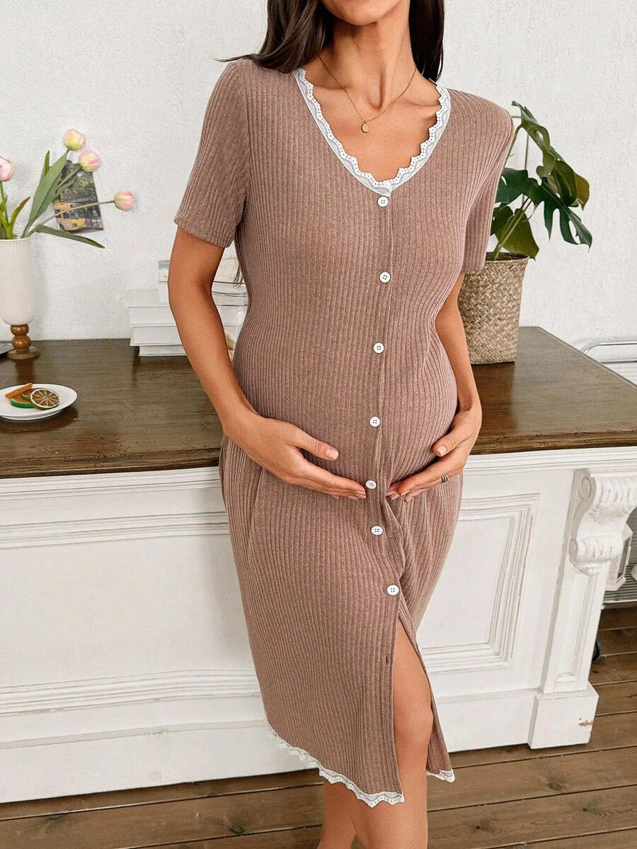 Women Lace Patchwork V Neck Nursing Nightgown Short Sleeve Knitted Button Front Sleepwear