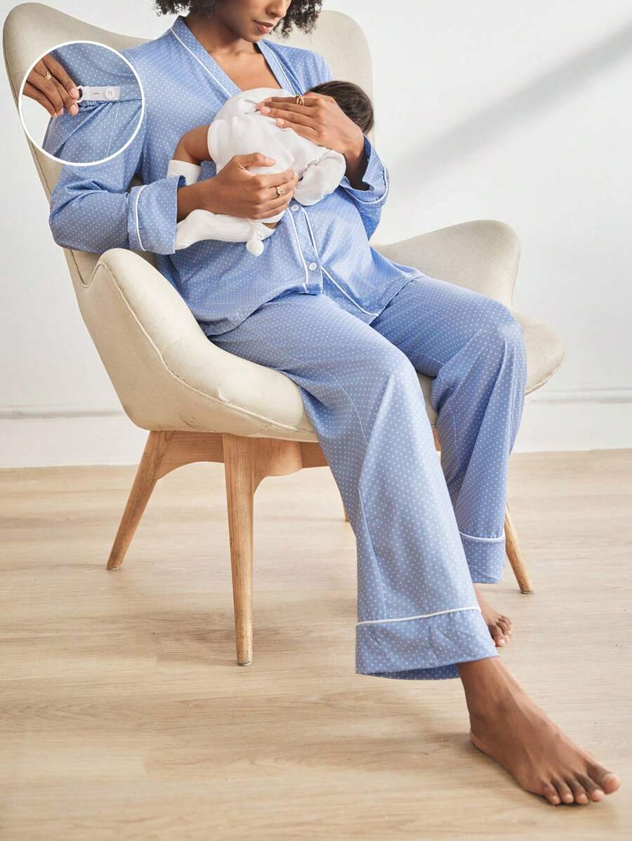 Blue Polka Dot Print Button-Front Maternity Loungewear Set - V-Neck Long Sleeve Knitted 2-Piece Pant Set - Comfortable Loose Fit Spring Sleepwear