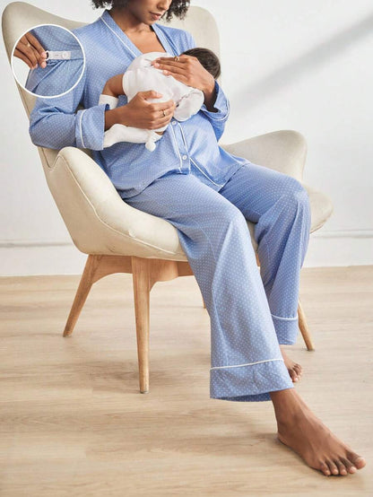 Blue Polka Dot Print Button-Front Maternity Loungewear Set - V-Neck Long Sleeve Knitted 2-Piece Pant Set - Comfortable Loose Fit Spring Sleepwear