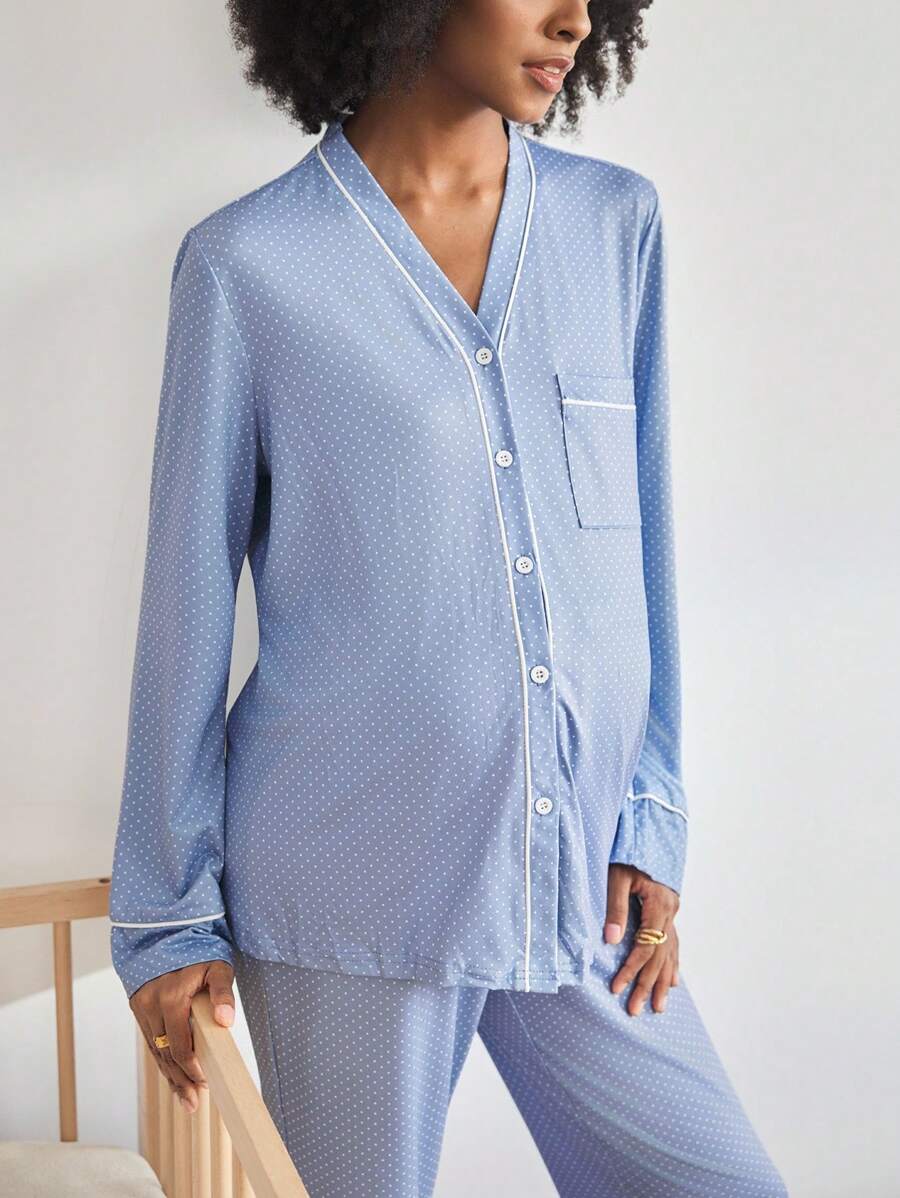 Blue Polka Dot Print Button-Front Maternity Loungewear Set - V-Neck Long Sleeve Knitted 2-Piece Pant Set - Comfortable Loose Fit Spring Sleepwear