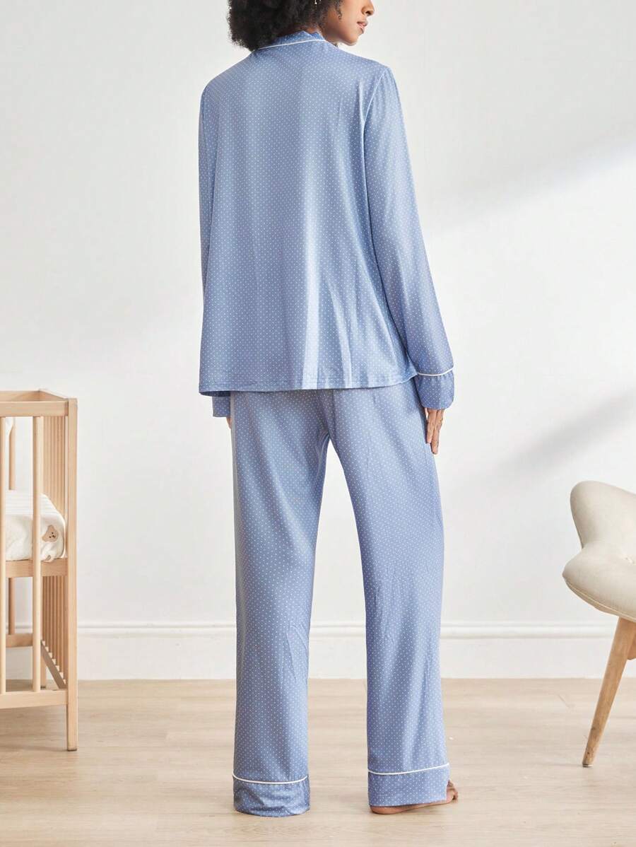 Blue Polka Dot Print Button-Front Maternity Loungewear Set - V-Neck Long Sleeve Knitted 2-Piece Pant Set - Comfortable Loose Fit Spring Sleepwear