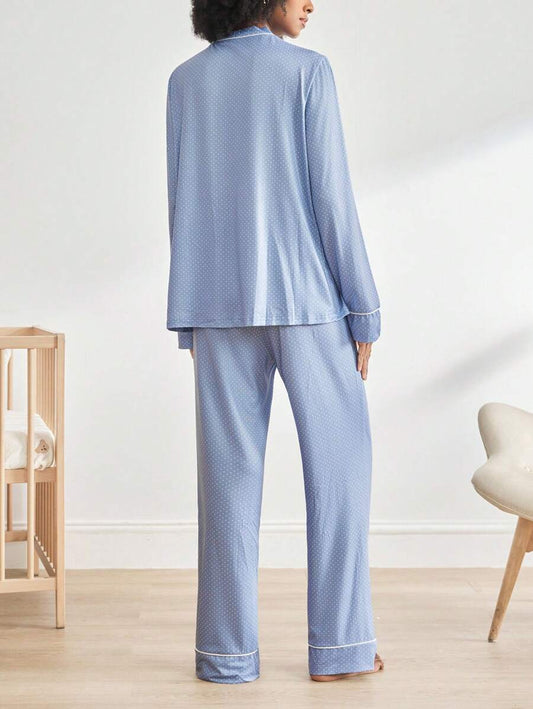 Blue Polka Dot Print Button-Front Maternity Loungewear Set - V-Neck Long Sleeve Knitted 2-Piece Pant Set - Comfortable Loose Fit Spring Sleepwear