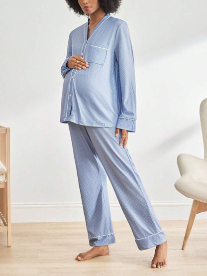 Blue Polka Dot Print Button-Front Maternity Loungewear Set - V-Neck Long Sleeve Knitted 2-Piece Pant Set - Comfortable Loose Fit Spring Sleepwear