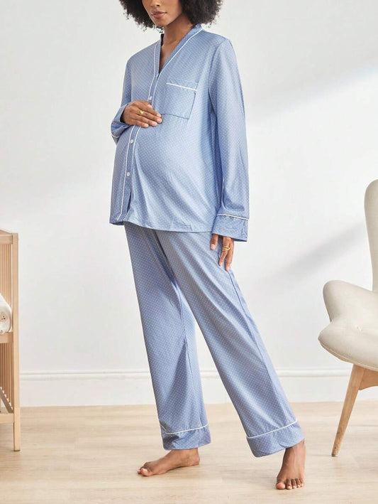 Blue Polka Dot Print Button-Front Maternity Loungewear Set - V-Neck Long Sleeve Knitted 2-Piece Pant Set - Comfortable Loose Fit Spring Sleepwear