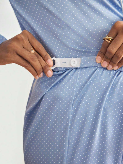 Blue Polka Dot Print Button-Front Maternity Loungewear Set - V-Neck Long Sleeve Knitted 2-Piece Pant Set - Comfortable Loose Fit Spring Sleepwear