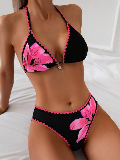 Swim Vcay Women's 2 Pieces Bikini Swimwear, Halter Neck Tie, Floral Print, Fashionable Casual Vacation Swimming Set Women Two Pieces Sets Swimwear Women Bikini Sets Swim Oasis 2 Pieces Flower Bikini Tropical Bikini Set