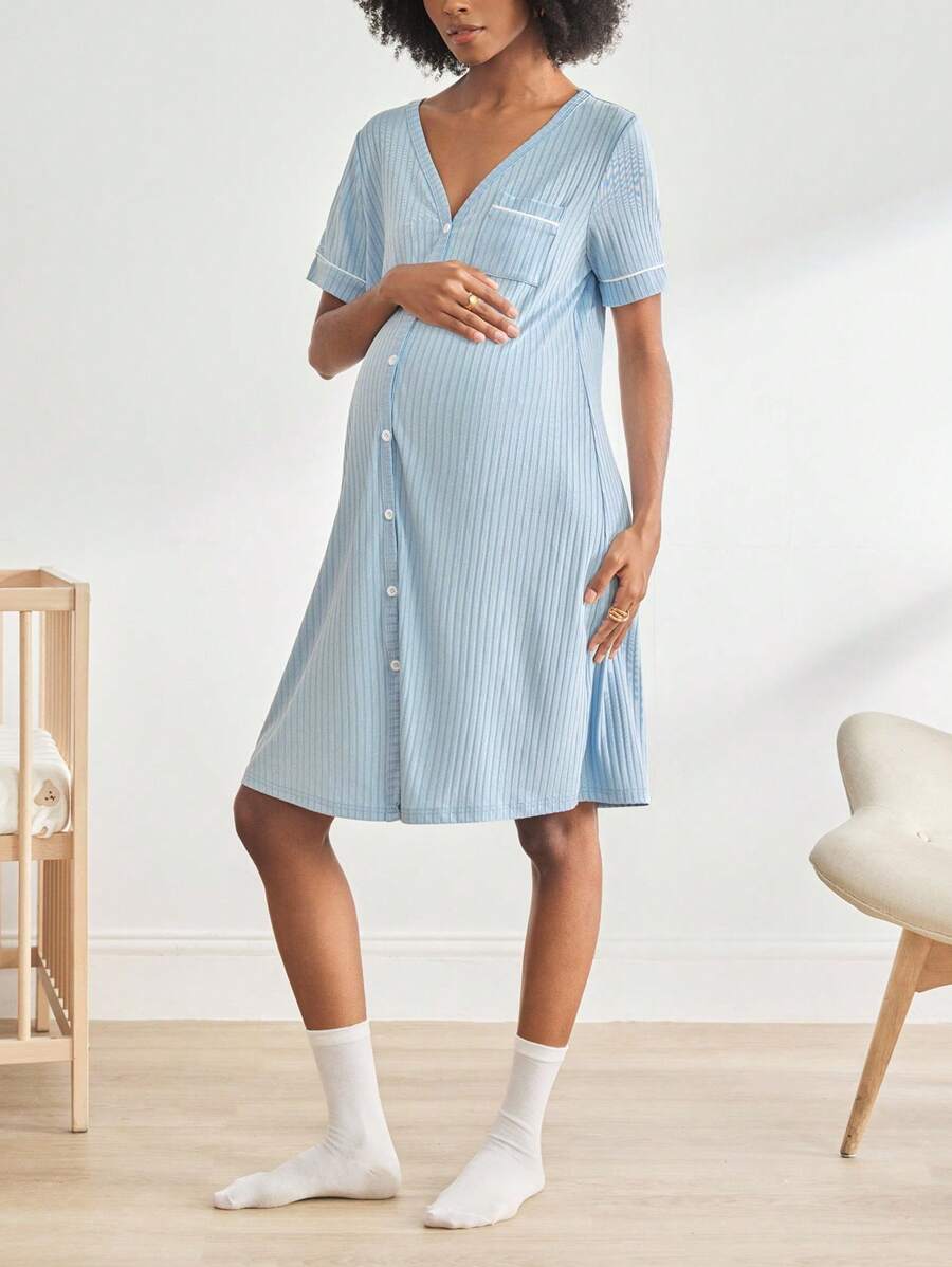 Maternity Short Sleeve Ribbed Nursing Nightgown - Button Front Fashion Loungewear, Breastfeeding