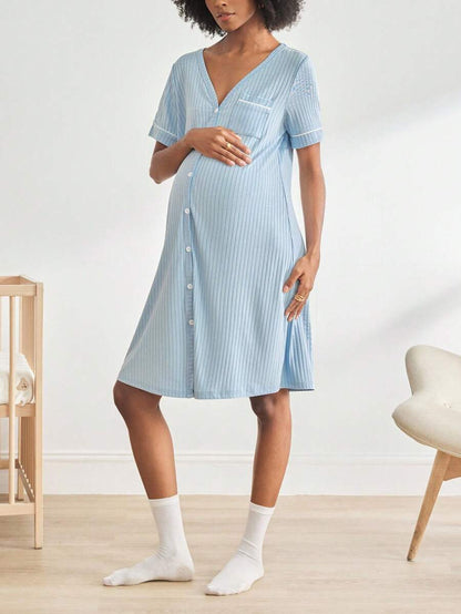 Maternity Short Sleeve Ribbed Nursing Nightgown - Button Front Fashion Loungewear, Breastfeeding