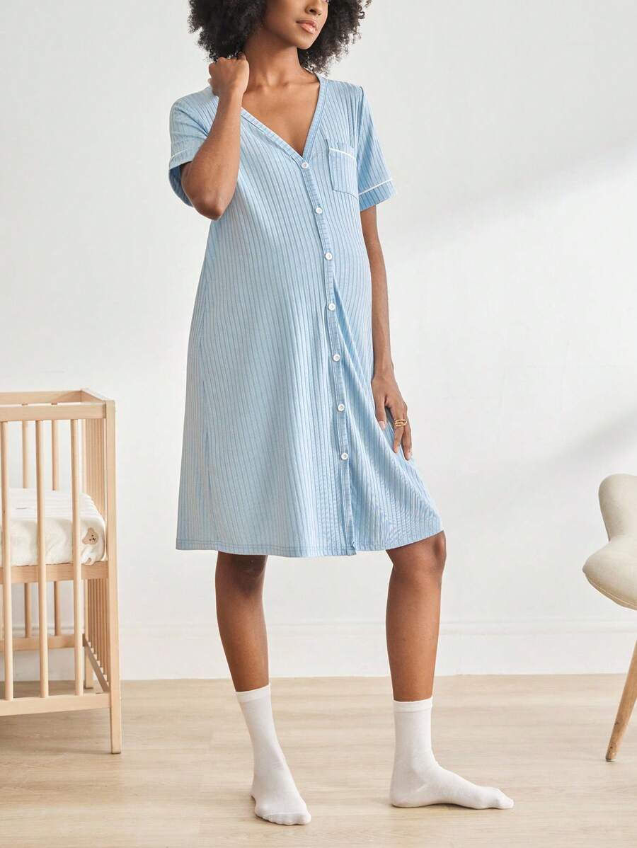 Maternity Ribbed Nursing Nightgown Women Short Sleeve Button Sleepwear Pajama Dress