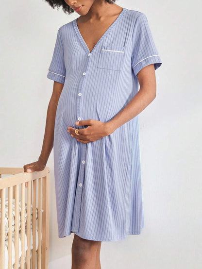 Maternity Ribbed Nursing Nightgown Women Short Sleeve Button Sleepwear Pajama Dress