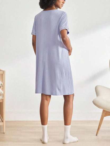 Maternity Ribbed Button Front Nightgown - Short Sleeve Sleepwear Pajama Dress Nursing Homewear