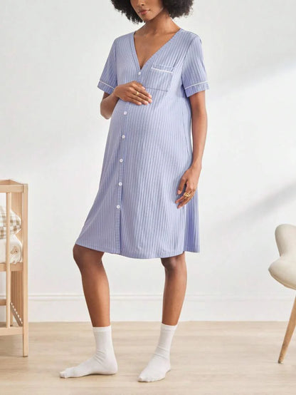 Maternity Short Sleeve Ribbed Nursing Nightgown - Button Front Fashion Loungewear, Breastfeeding
