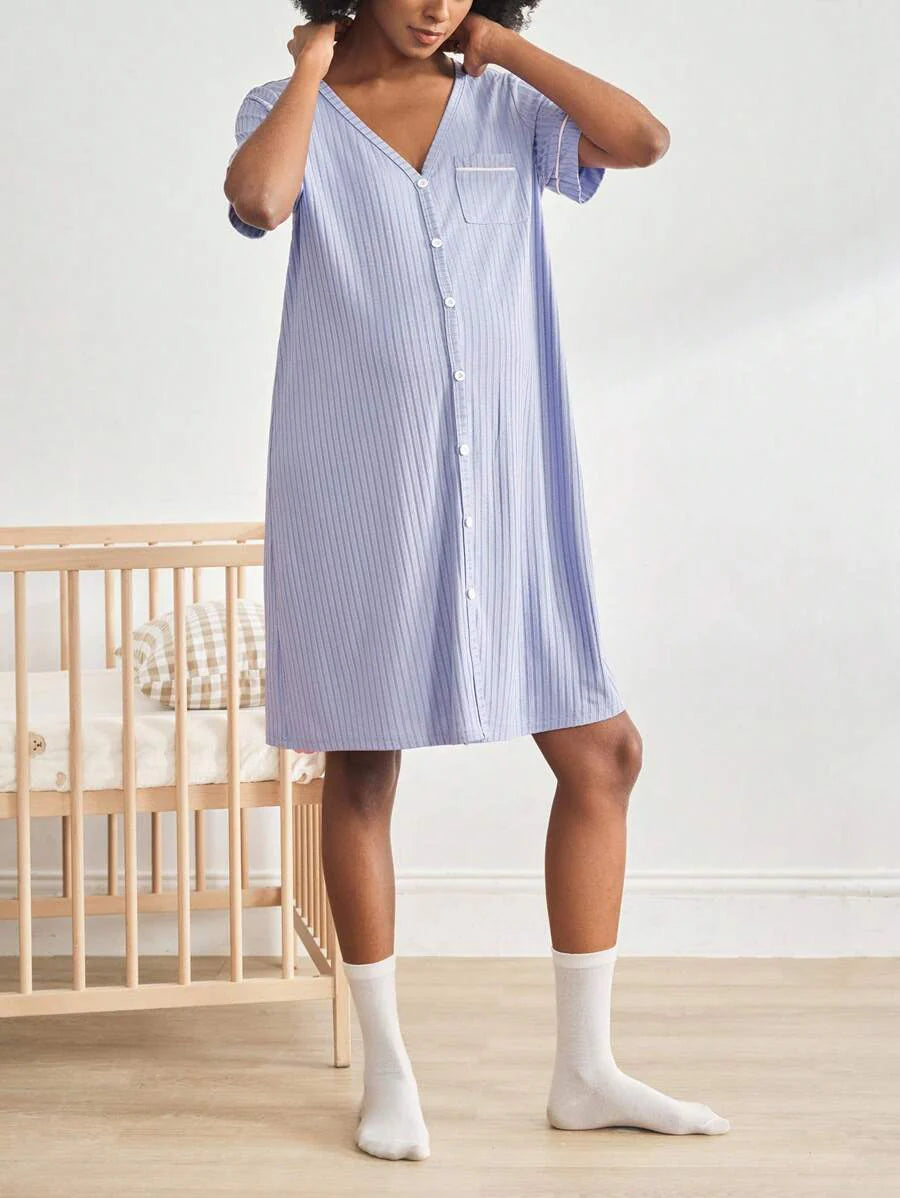 Maternity Short Sleeve Ribbed Nursing Nightgown - Button Front Fashion Loungewear, Breastfeeding