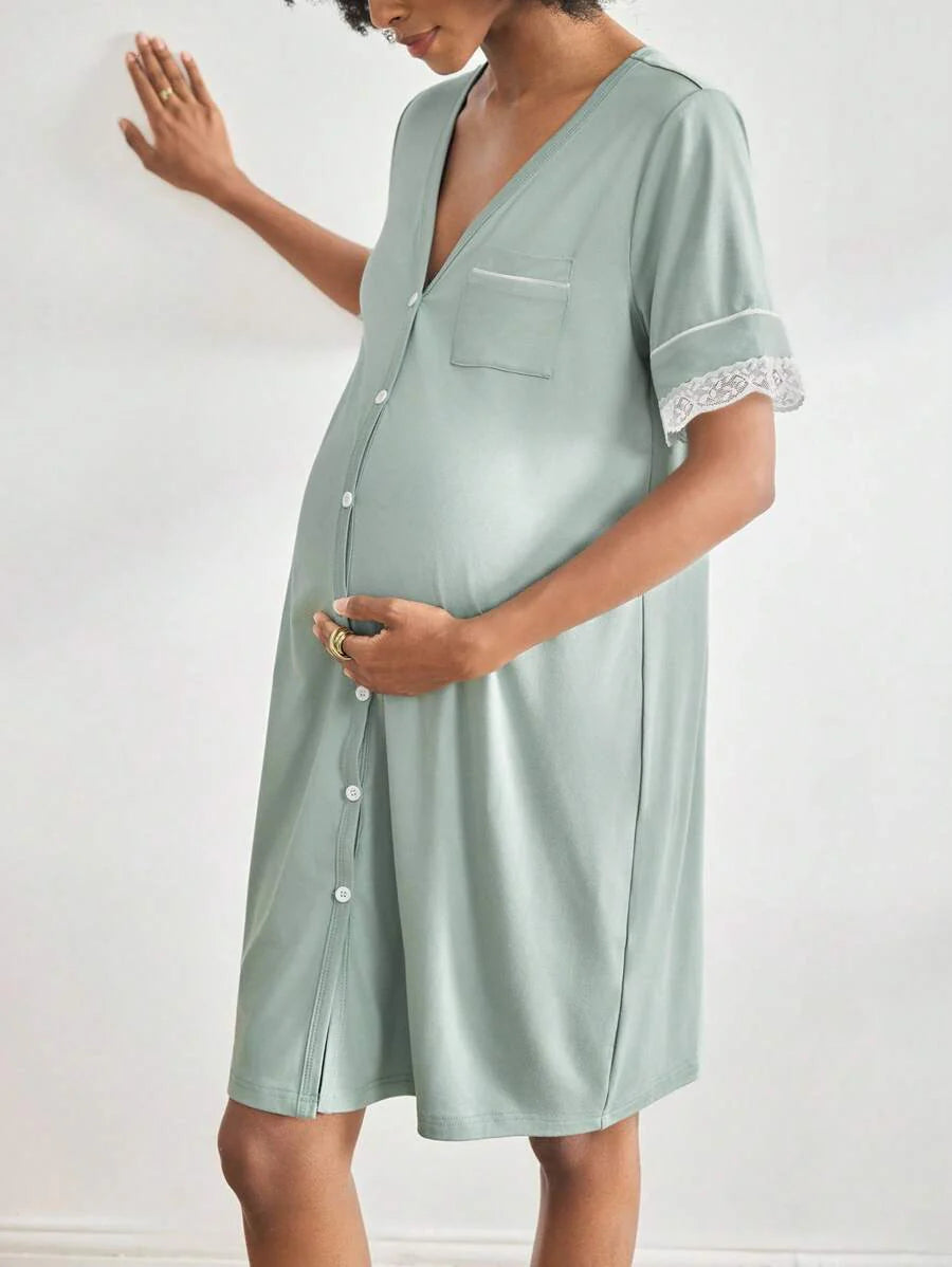 Maternity Short Sleeve Nursing Nightgown - Lace Button Front Fashion Loungewear, Breastfeeding