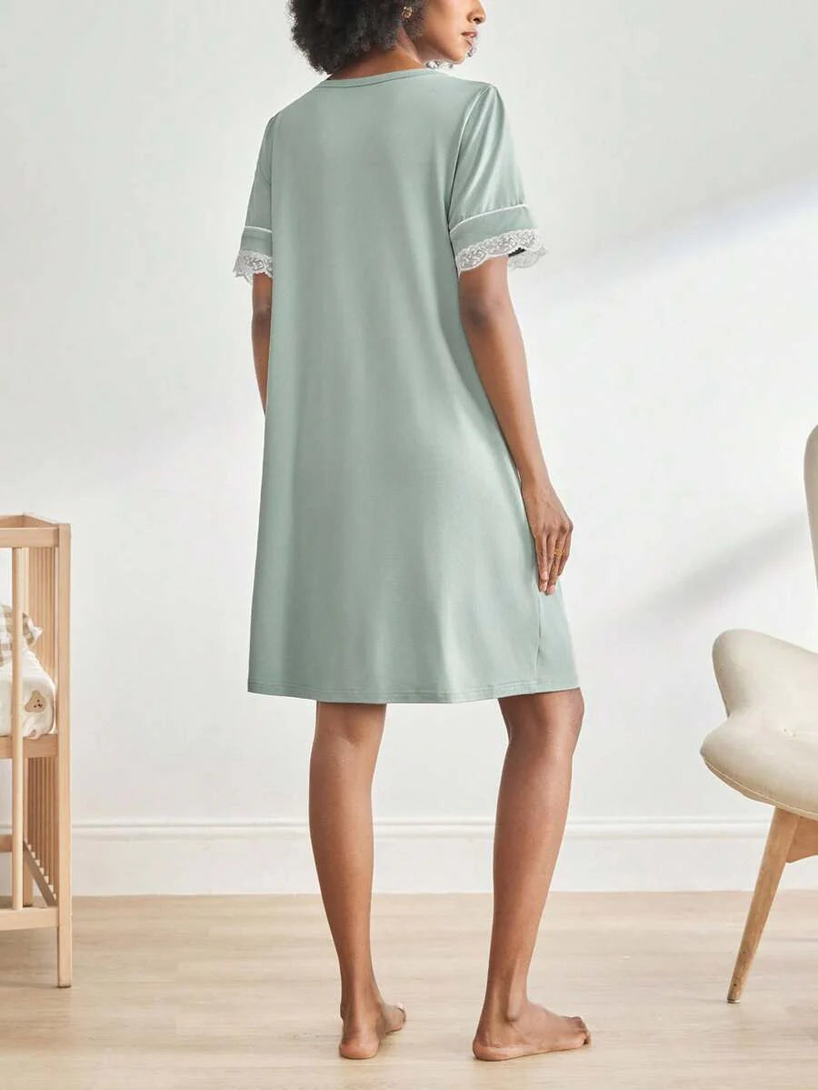 Black Lace Trim Maternity Sleepwear Dress - Short Sleeve Button Up Nightgown - High Stretch V Neck Lounge Dress for Pregnant Women