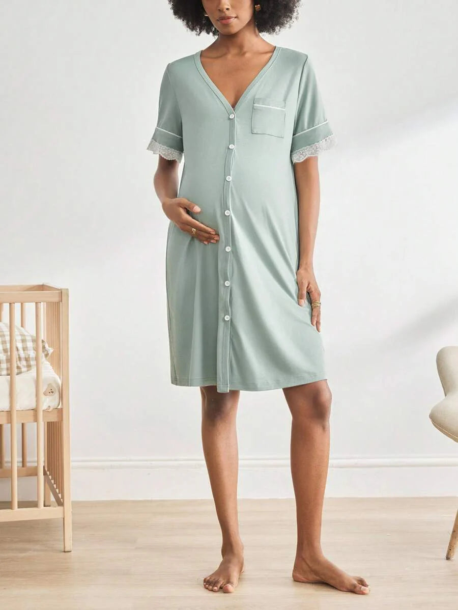 Maternity Short Sleeve Nursing Nightgown - Lace Button Front Fashion Loungewear, Breastfeeding