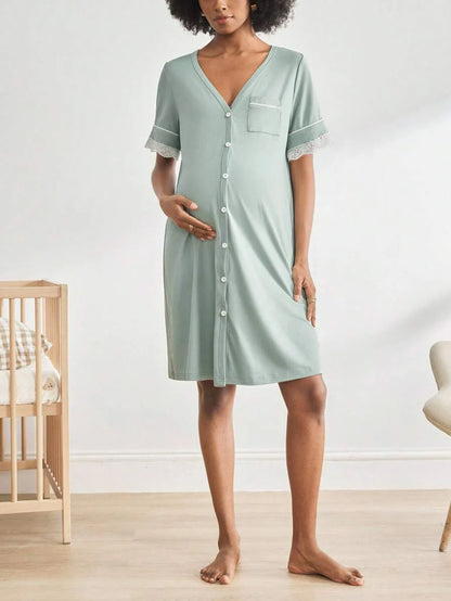 Black Lace Trim Maternity Sleepwear Dress - Short Sleeve Button Up Nightgown - High Stretch V Neck Lounge Dress for Pregnant Women