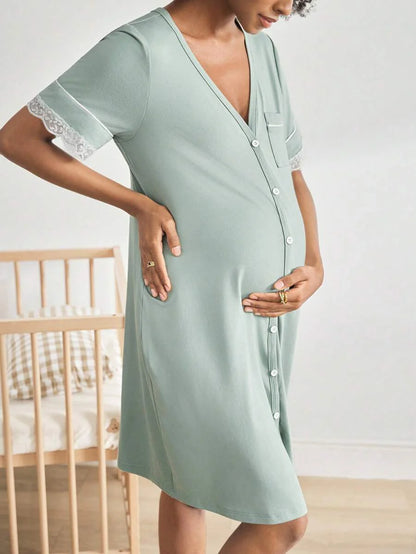 Black Lace Trim Maternity Sleepwear Dress - Short Sleeve Button Up Nightgown - High Stretch V Neck Lounge Dress for Pregnant Women