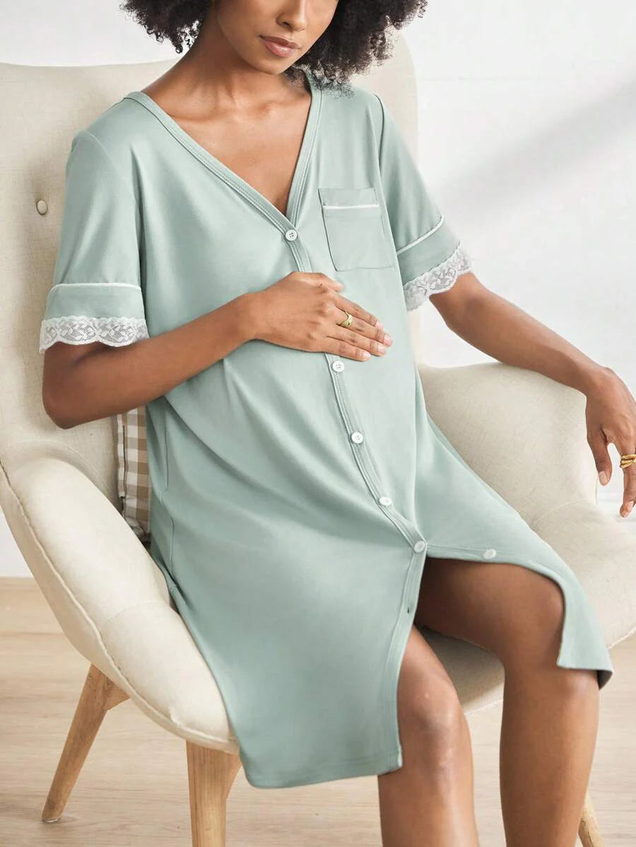 Maternity Short Sleeve Nursing Nightgown - Lace Button Front Fashion Loungewear, Breastfeeding