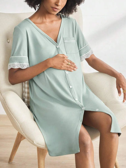 Maternity Short Sleeve Nursing Nightgown - Lace Button Front Fashion Loungewear, Breastfeeding