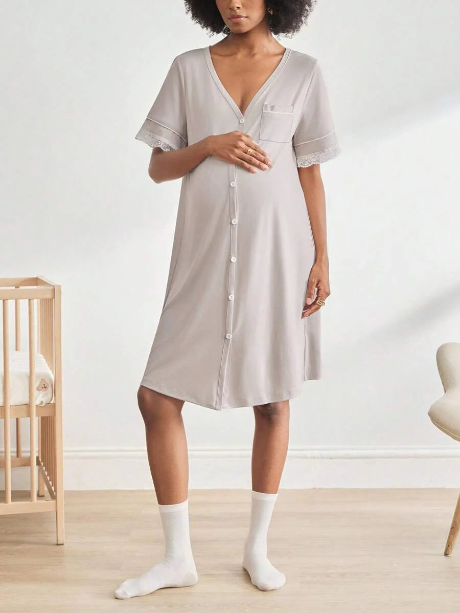 Black Lace Trim Maternity Sleepwear Dress - Short Sleeve Button Up Nightgown - High Stretch V Neck Lounge Dress for Pregnant Women