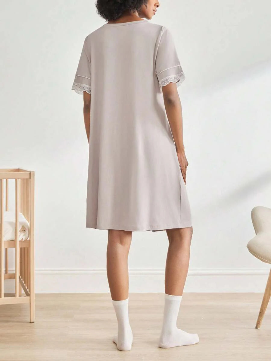 Black Lace Trim Maternity Sleepwear Dress - Short Sleeve Button Up Nightgown - High Stretch V Neck Lounge Dress for Pregnant Women