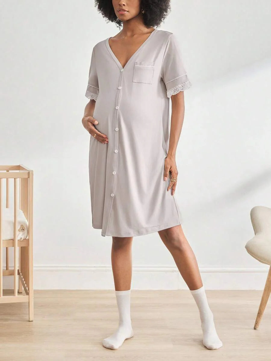 Maternity Short Sleeve Nursing Nightgown - Lace Button Front Fashion Loungewear, Breastfeeding