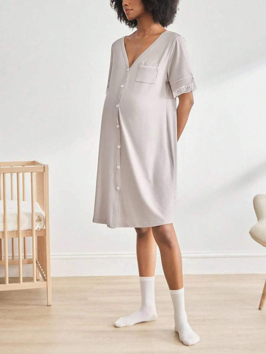 Black Lace Trim Maternity Sleepwear Dress - Short Sleeve Button Up Nightgown - High Stretch V Neck Lounge Dress for Pregnant Women