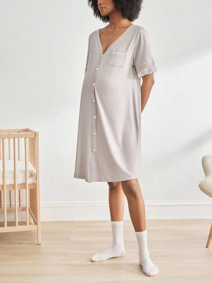 Maternity Short Sleeve Nursing Nightgown - Lace Button Front Fashion Loungewear, Breastfeeding