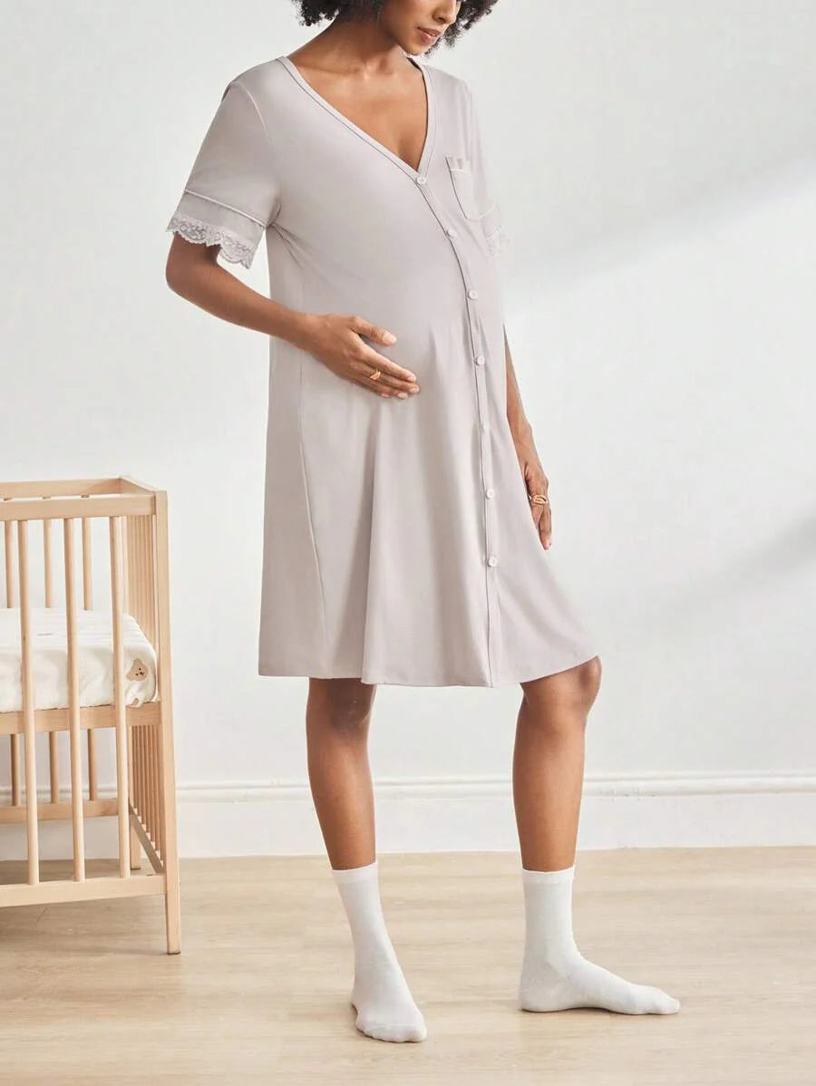 Black Lace Trim Maternity Sleepwear Dress - Short Sleeve Button Up Nightgown - High Stretch V Neck Lounge Dress for Pregnant Women