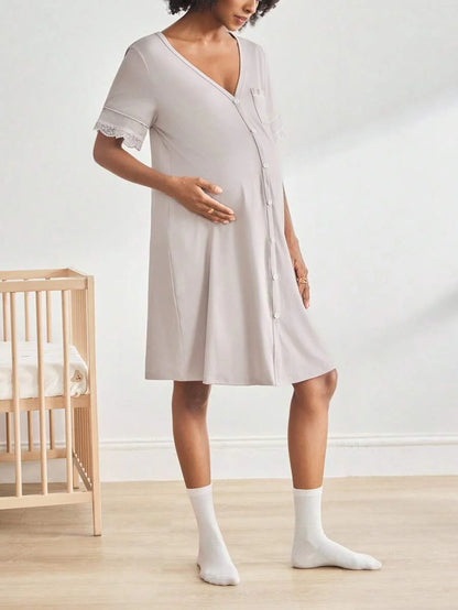 Maternity Short Sleeve Nursing Nightgown - Lace Button Front Fashion Loungewear, Breastfeeding