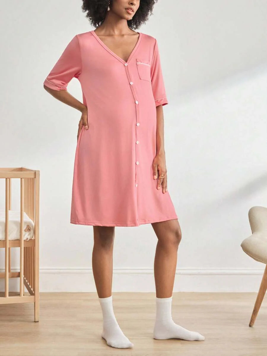 Black Short Sleeve Maternity Nursing Nightgown - Button Front V Neck Sleep Shirt - High Stretch Lace Trim Loungewear Pajama Dress