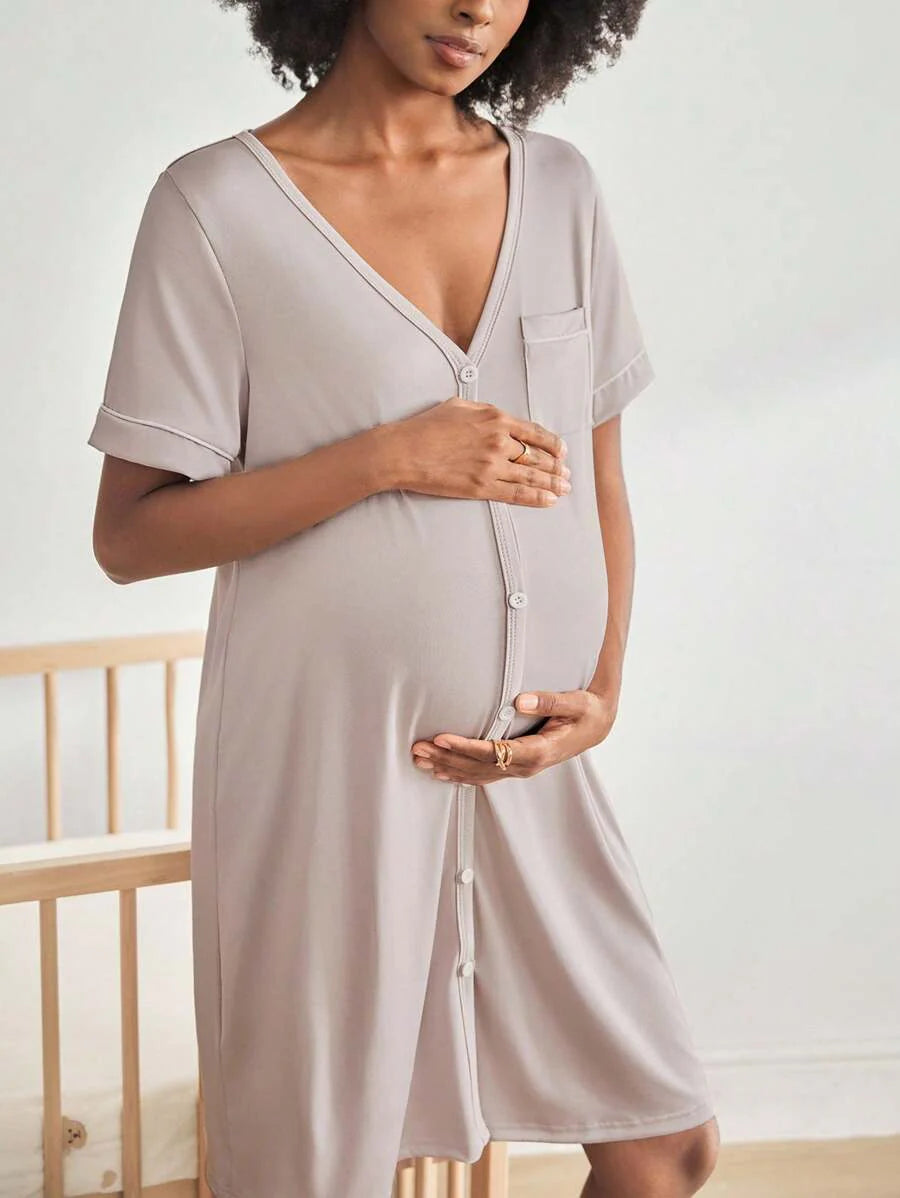 Mama Maternity Solid Color V-Neck Short Sleeve Pocket Single-Breasted Casual Dress Maternity Sleepwear