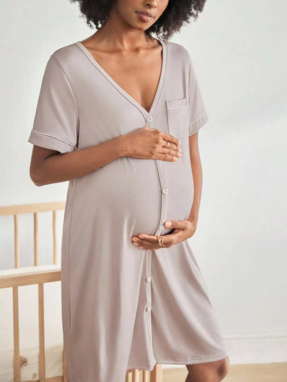 Maternity Dress - V Neck Short Sleeve Single Breasted Casual Nursing Sleepwear, Pregnancy Lounge