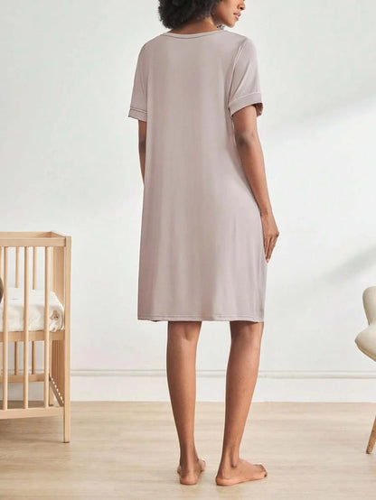 Maternity Dress - V Neck Short Sleeve Single Breasted Casual Nursing Sleepwear, Pregnancy Lounge