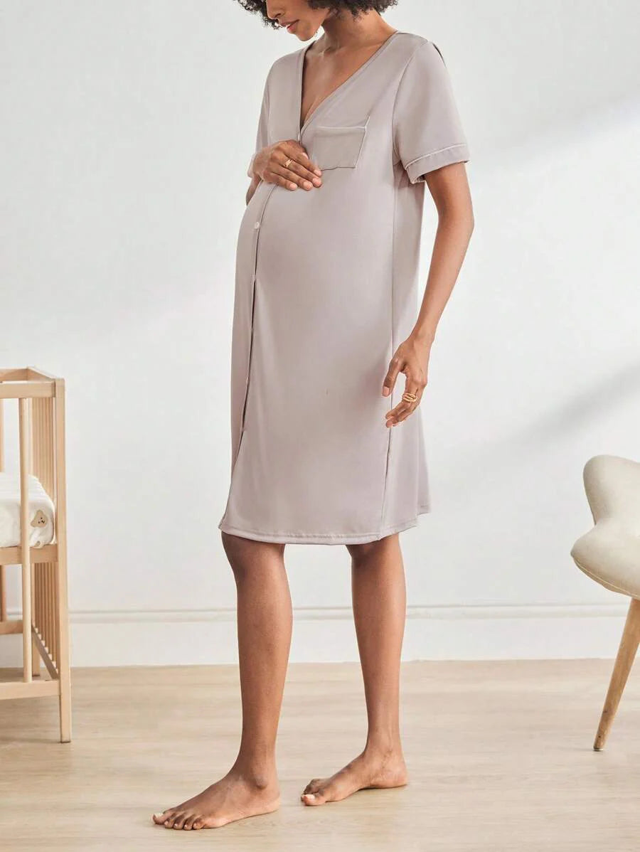 Maternity Dress - V Neck Short Sleeve Single Breasted Casual Nursing Sleepwear, Pregnancy Lounge