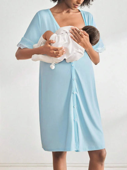 Black Lace Trim Maternity Sleepwear Dress - Short Sleeve Button Up Nightgown - High Stretch V Neck Lounge Dress for Pregnant Women