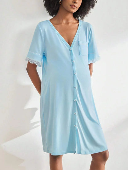 Black Lace Trim Maternity Sleepwear Dress - Short Sleeve Button Up Nightgown - High Stretch V Neck Lounge Dress for Pregnant Women