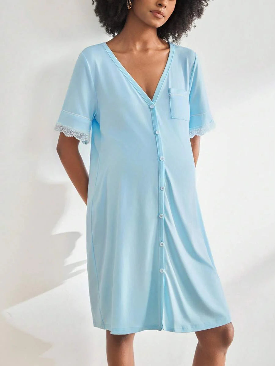 Maternity Short Sleeve Nursing Nightgown - Lace Button Front Fashion Loungewear, Breastfeeding