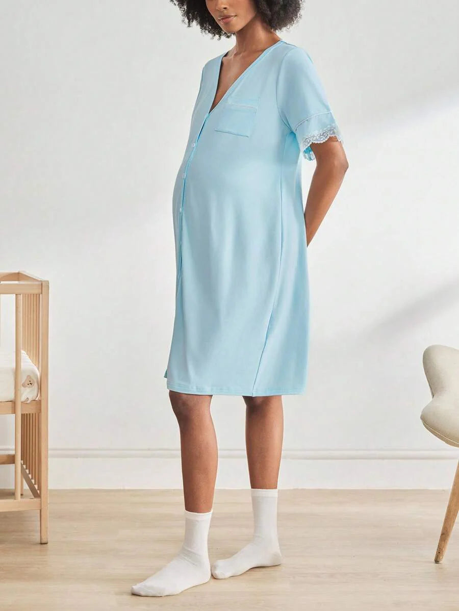 Maternity Short Sleeve Nursing Nightgown - Lace Button Front Fashion Loungewear, Breastfeeding