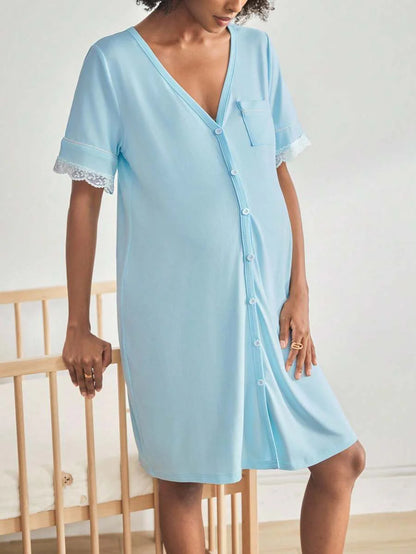 Maternity Short Sleeve Nursing Nightgown - Lace Button Front Fashion Loungewear, Breastfeeding