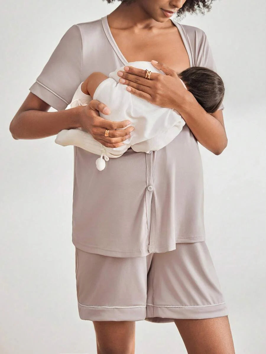 2-Pack Maternity Nursing Pajama Set Women Short Sleeve Button Front Lounge Sleepwear Set