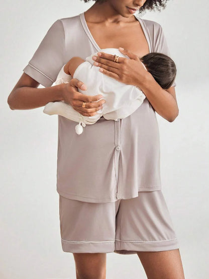 2-Pack Maternity Nursing Pajama Set Women Short Sleeve Button Front Lounge Sleepwear Set